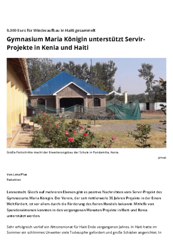 Gymnasium Maria Königin unterstützt Servir-Projekte in Kenia und Haiti _ Lennestadt
